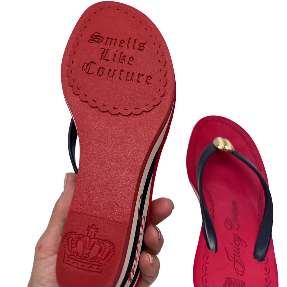 Juicy Couture Red White Blue Thong Slip On Wedge Gold Tone Apple SZ9 4Th Of July - Picture 7 of 9